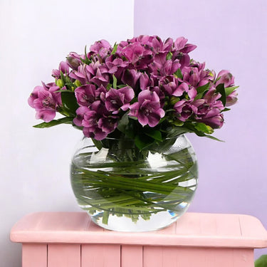 Purple Alstroemeria in Glass Bowl
